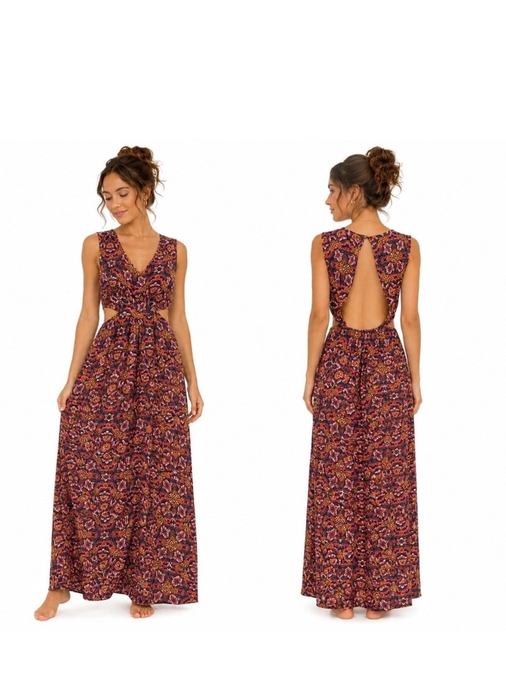 Billabong Maxi Dress L Multicolor Cutout Open Back Boho Festival Resort Tribal